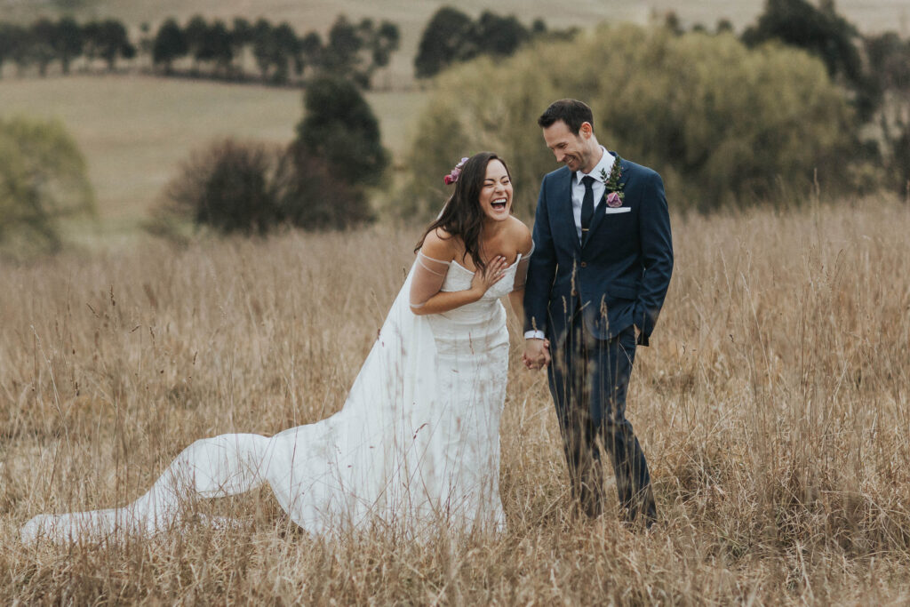 bride and groom laughing at bendooley estate wedding