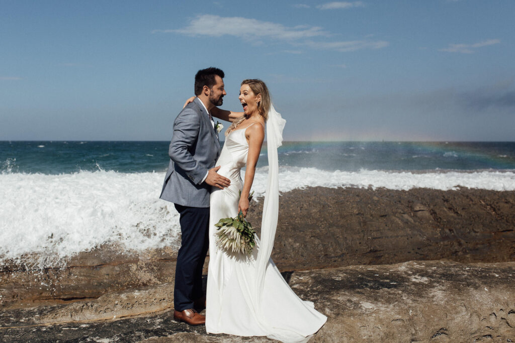 bride and groom portrait whale beach wedding