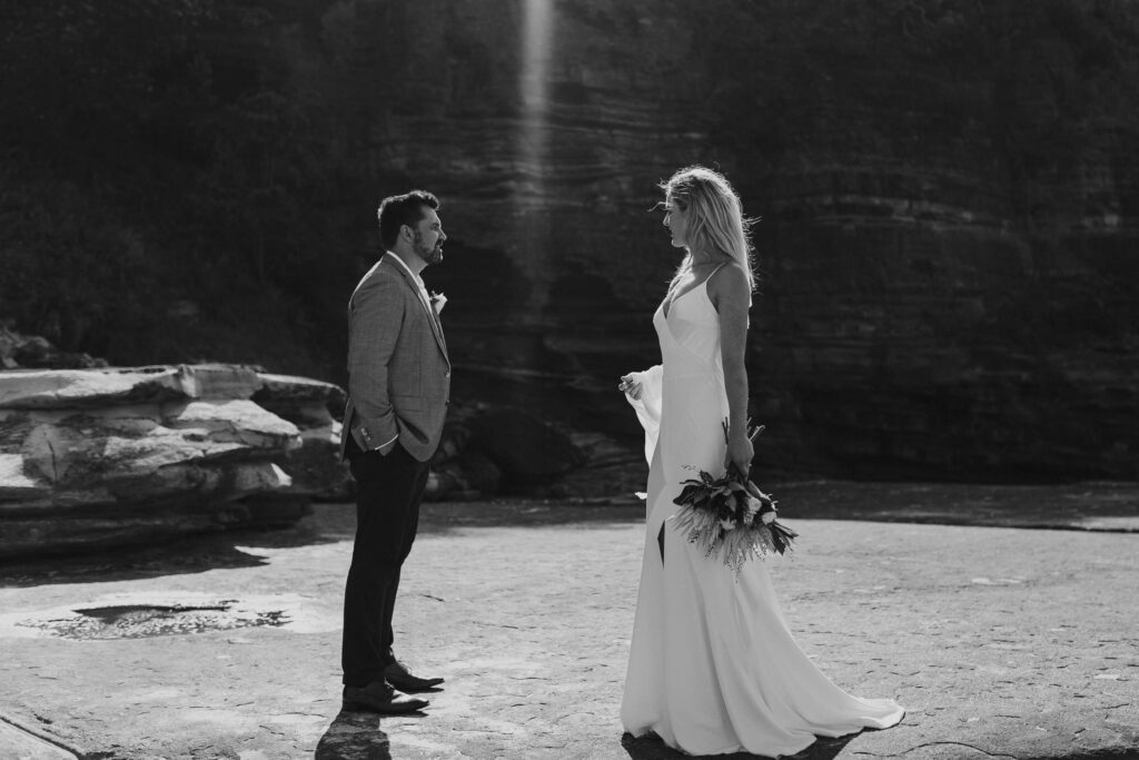 bride and groom portrait whale beach wedding