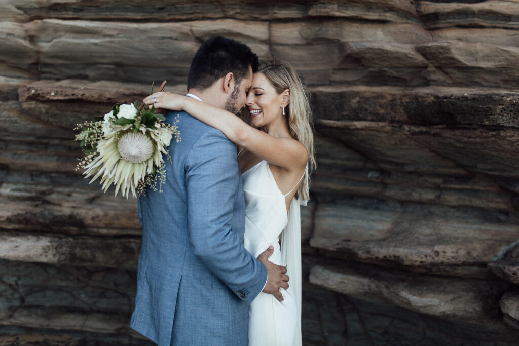 bride and groom portrait whale beach wedding