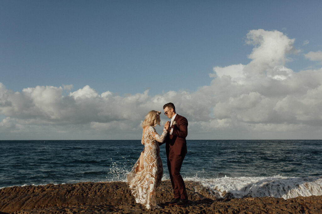 bride and groom portrait whale beach wedding