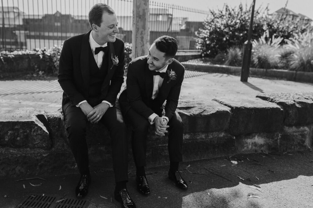 same sex couple laughing sydney wedding